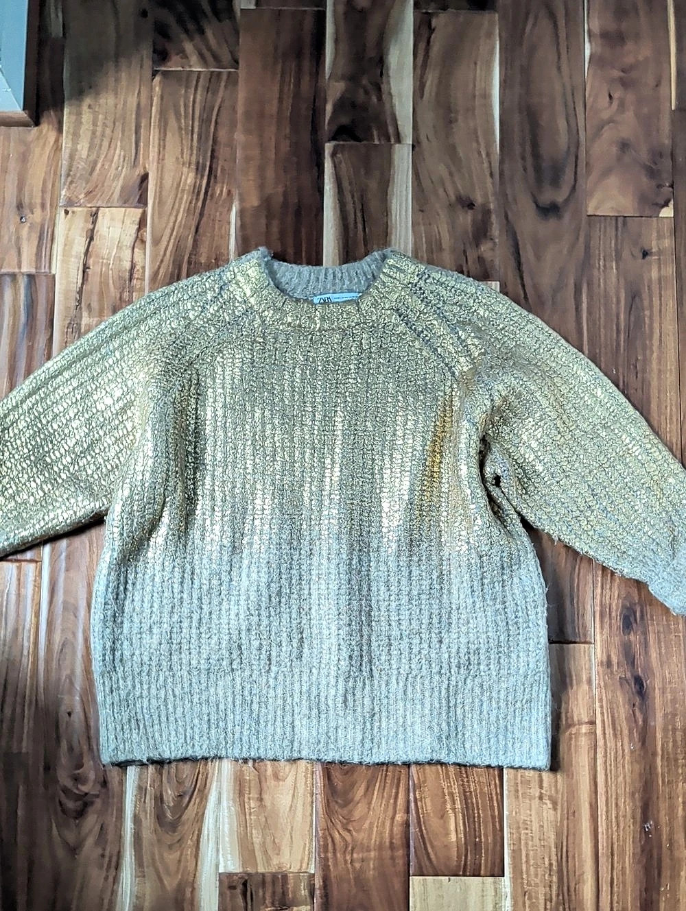 Zara Metallic Foil Knit Sweater Gold Size M-L